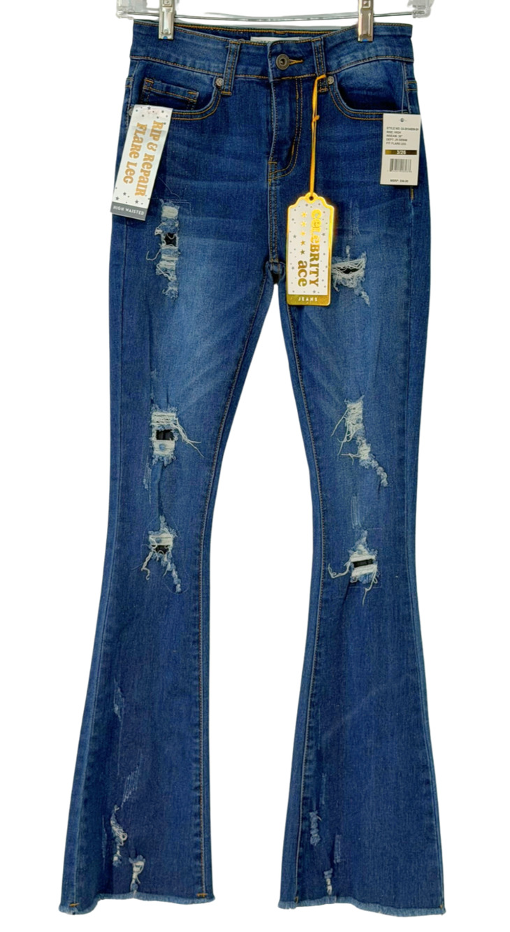 Celebrity Ace Jrs Sz 3/26 Flare Leg Jeans 30"L High Rise Distressed Denim New